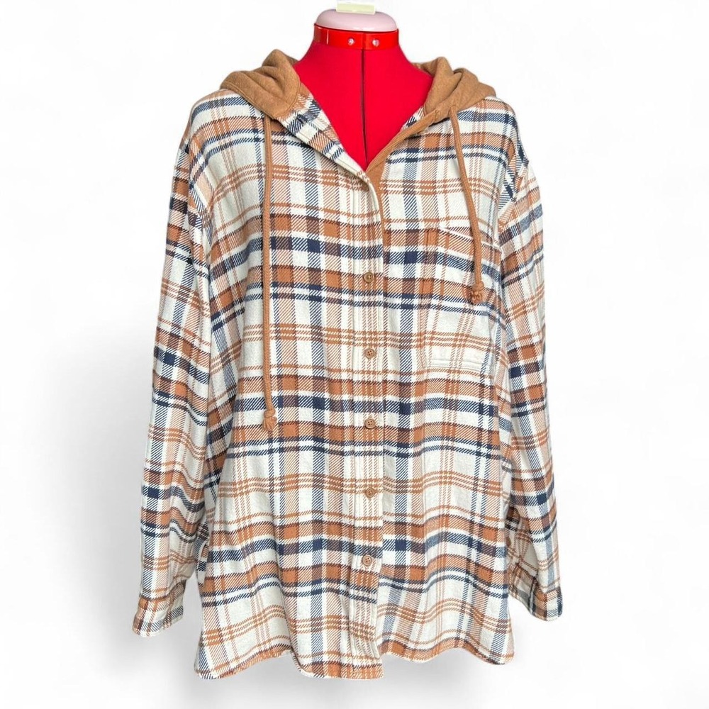 American Eagle Tan & Blue Flannel Shacket With Hood & Drawstrings Size XL